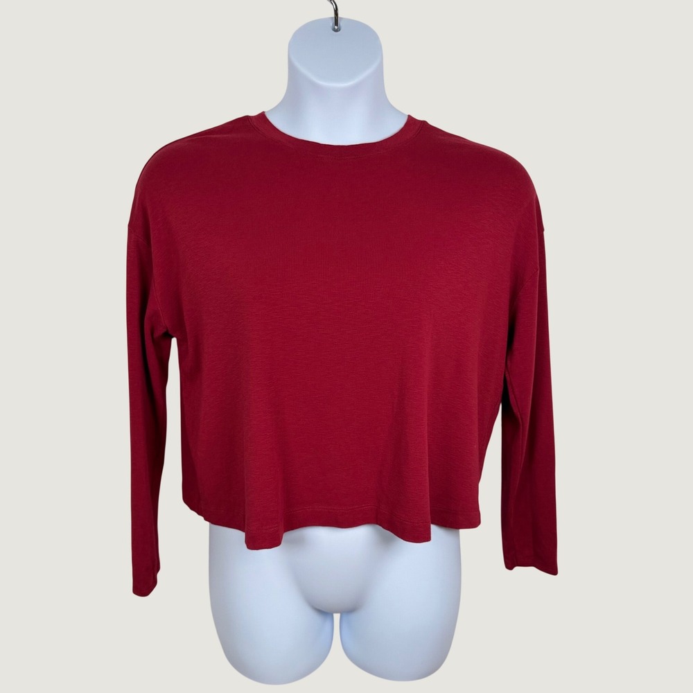 Rachel Zoe Red Long Sleeve Cropped T-Shirt Size XL Slub Knit Crew Neck Boxy